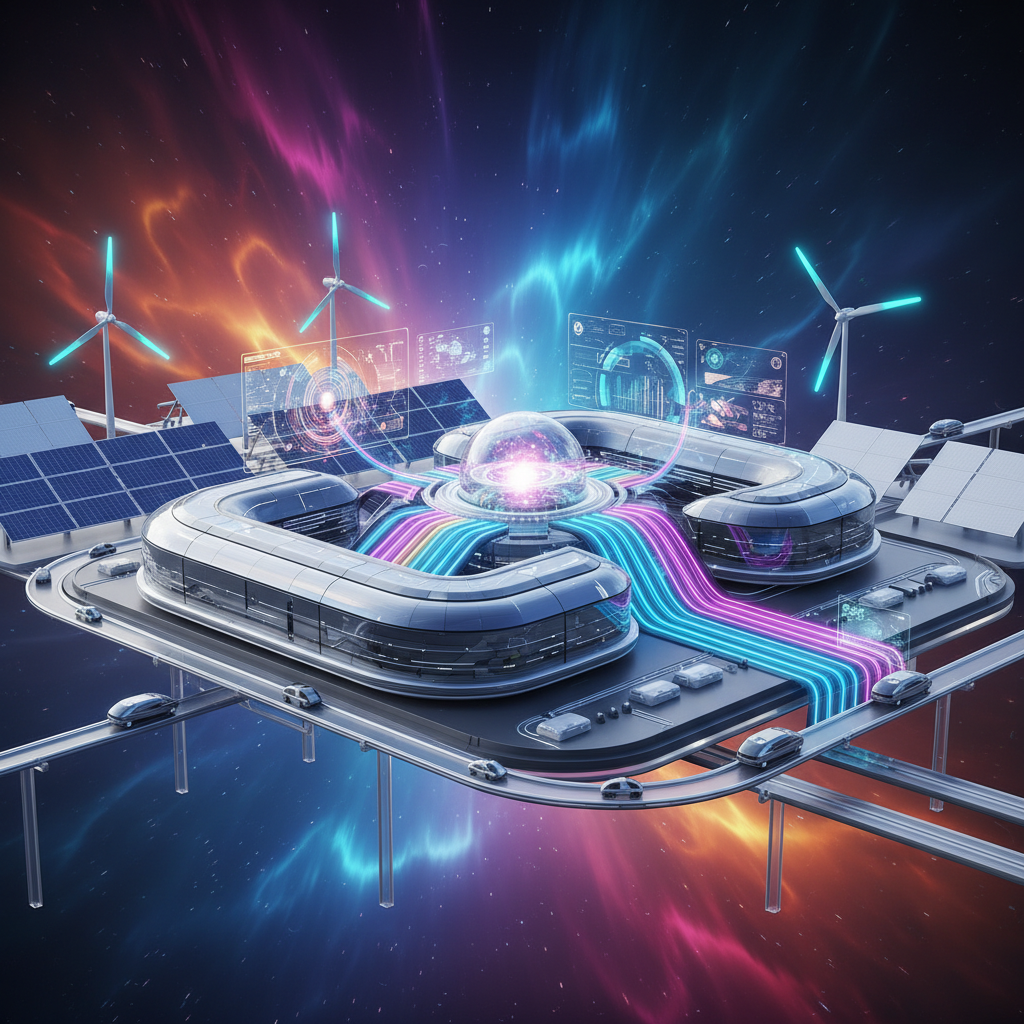A futuristic data center connected to an autonomous energy grid, showcasing self-sufficient power management. Sleek, minimalist design, conceptual rendering, vibrant gradient background, no text, 4:3 aspect ratio