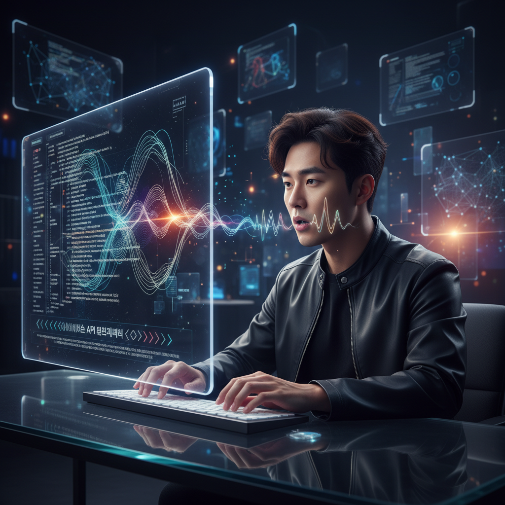 A Korean developer interacting with a command-line interface using natural language. The screen shows code snippets being generated or manipulated based on spoken or typed commands. The background is a futuristic coding environment with subtle holographic elements. High contrast, colored background, no text.