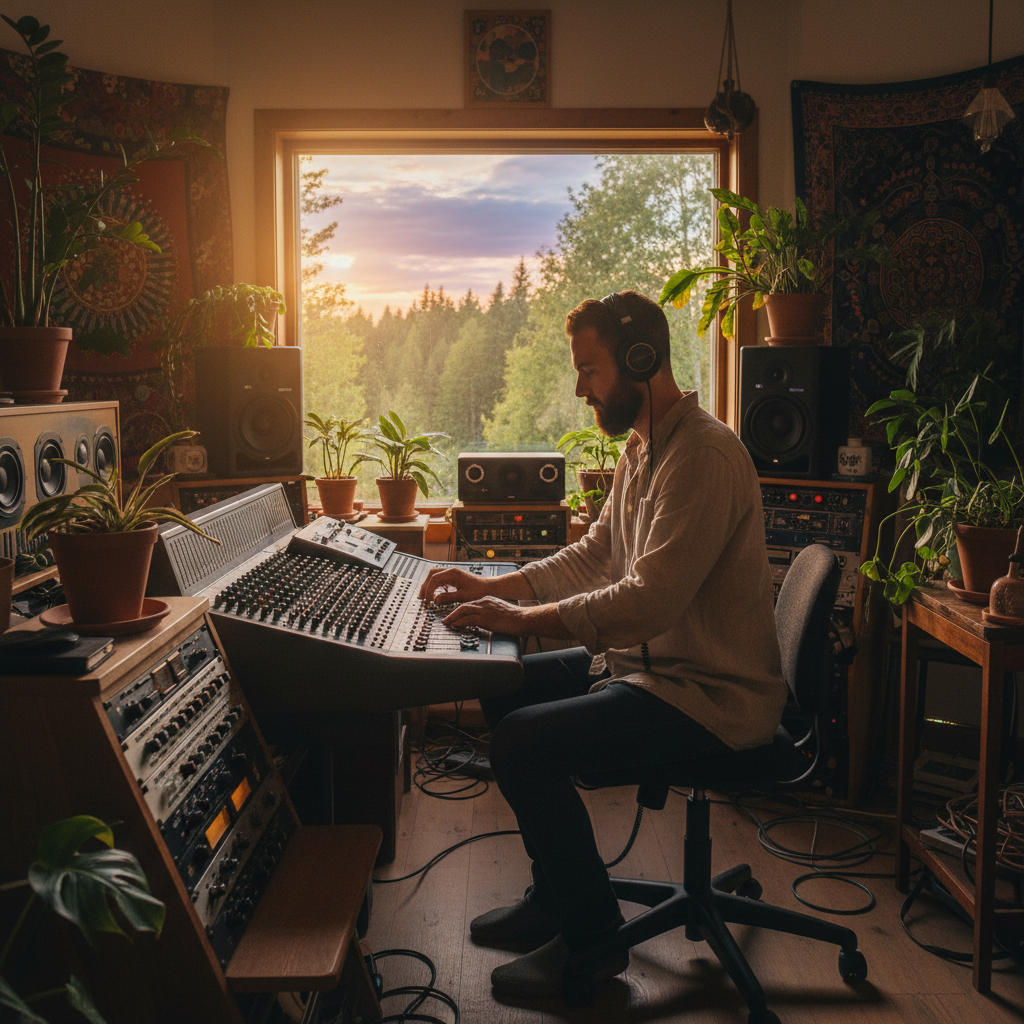A music producer working at a mixing console in a studio, surrounded by speakers and sound equipment, lifestyle photography, warm lighting, natural setting, colored background, no text, 4:3 aspect ratio