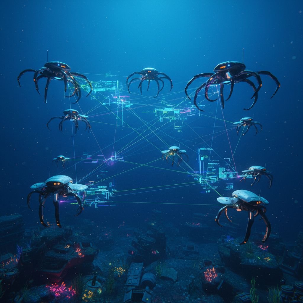 Underwater robots communicating with each other through data signals, deep blue ocean environment, modern layout, high contrast, no text