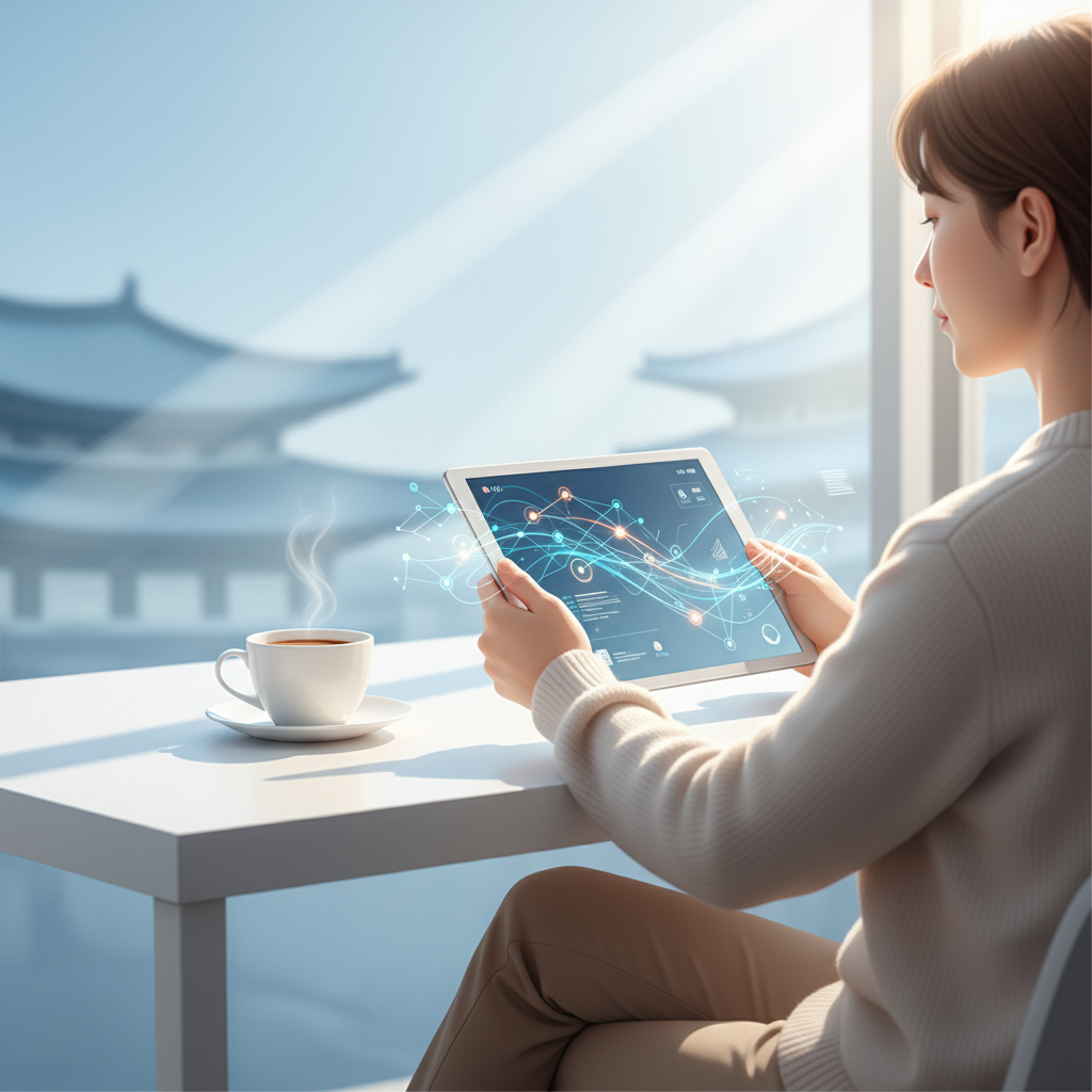 A dynamic and clean infographic, modern layout, high contrast, showing a person using a tablet with AI generated summaries, a cup of coffee, and a sense of calm productivity, bright lighting, colored background, Korean setting, no text, 4:3