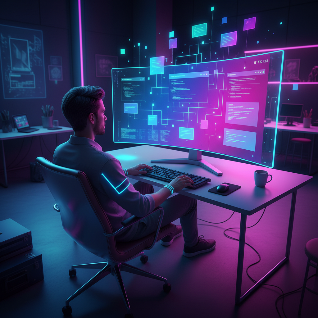 A dynamic scene of a developer using a "vibe-coding" tool, with text prompts appearing on a screen that generate intricate code and visually appealing application interfaces, clean infographic, modern layout, high contrast, colored background, no text