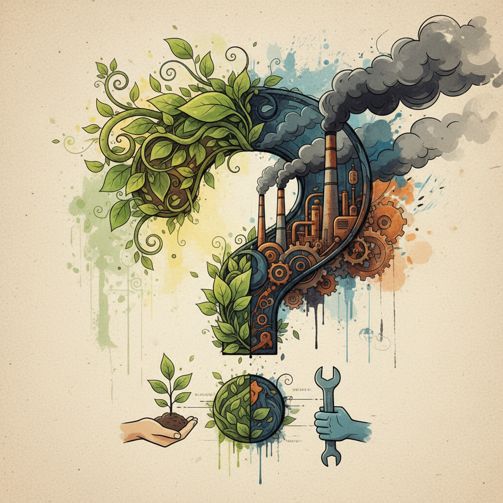 An artistic rendering illustration of biomass energy with a question mark, contrasting green leaves and industrial smoke, conveying environmental debate, textured background, no visible text