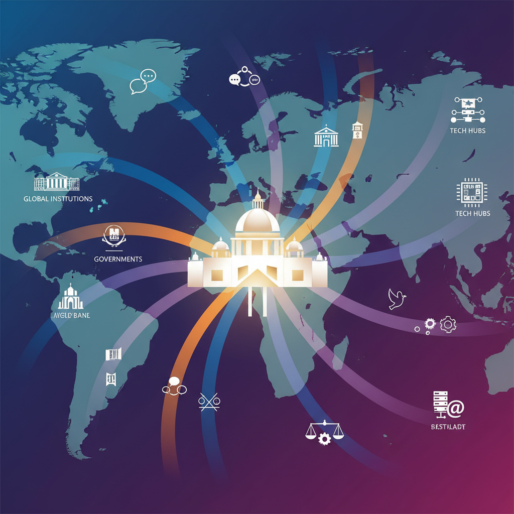A dynamic infographic showing the Vatican City at the center, emitting rays of influence to various global institutions, governments, and tech hubs. The rays are symbolic, representing dialogue, ethical considerations, and soft power. The background is a subtle global map. Modern layout, high contrast, colored background. No text.