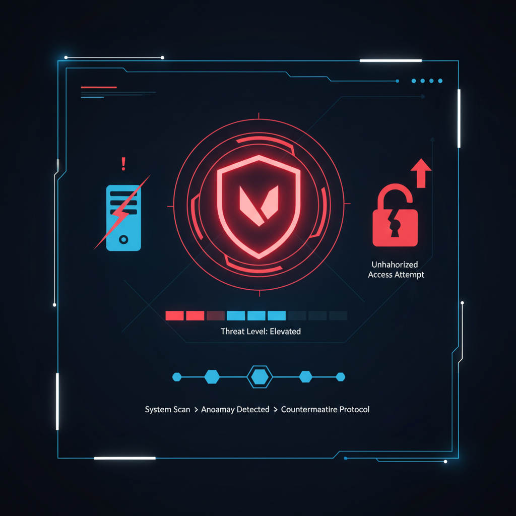 A warning message on a computer screen related to Valorant Vanguard anti-cheat, futuristic UI, dark background, no text, clean infographic, modern layout, high contrast, 1:1 aspect ratio