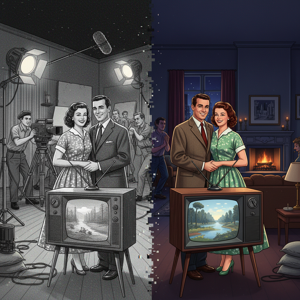 A split-screen illustration showing two contrasting scenarios: one side depicting a classic TV show with visible crew in the background, the other side showing a modern, glitch-free remastered version. Style: retro illustration meets contemporary graphic art. No visible text.