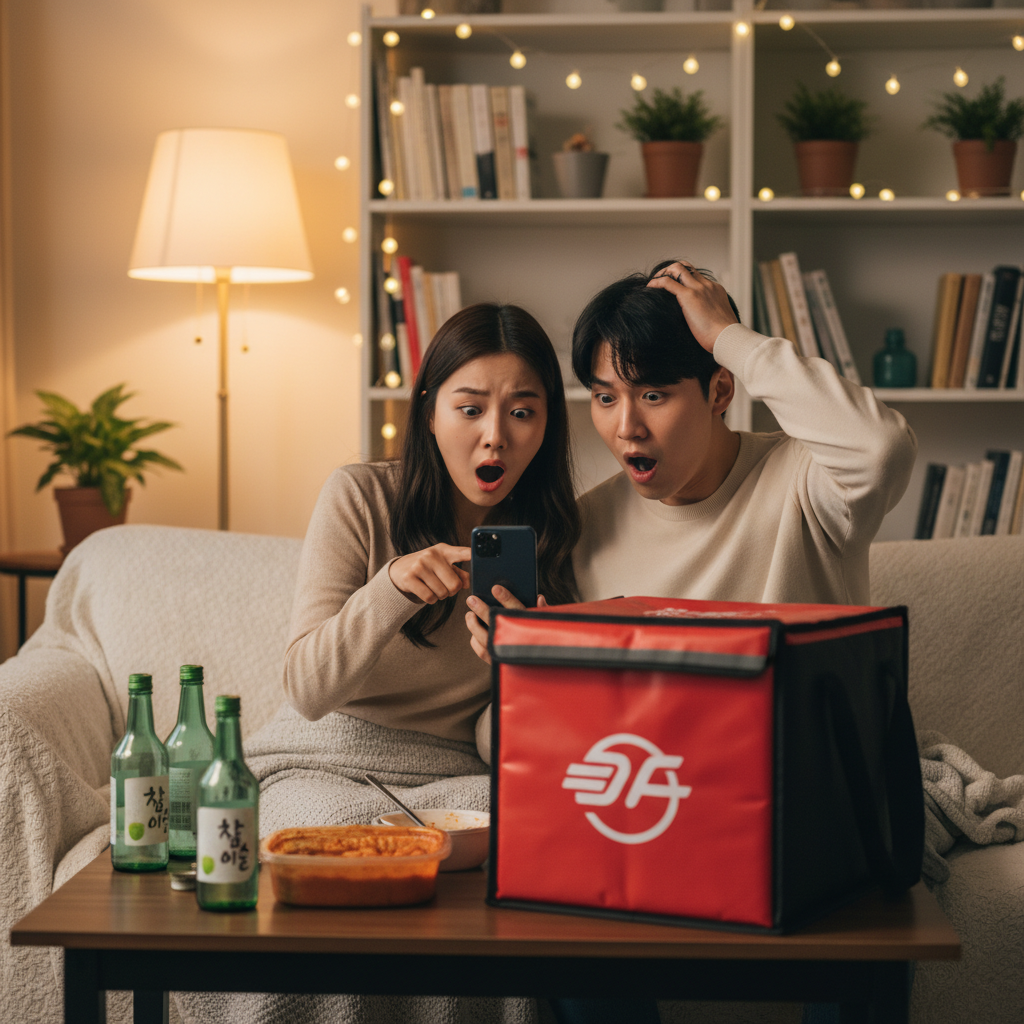 A Korean couple looking at their phone with shocked expressions, a delivery bag is on the table, warm lighting, cozy home setting, no text