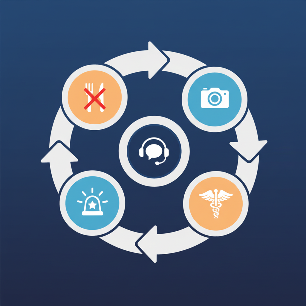 Clean infographic showing steps to take after a delivery app incident: stopping consumption, securing evidence, visiting a doctor, contacting police, and informing customer service, modern layout, high contrast, colored background, no text