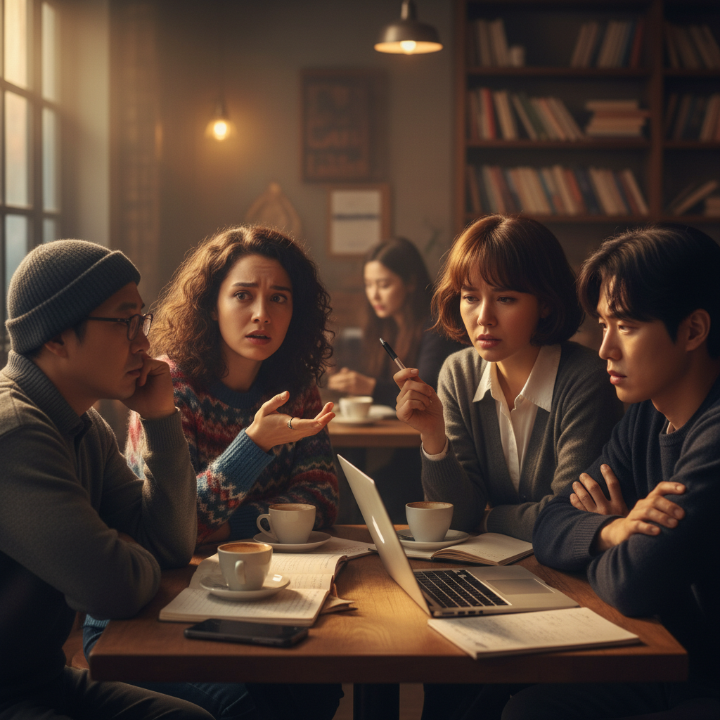 Lifestyle photography of a diverse group of actors and writers discussing the impact of AI on their craft, concerned expressions, cozy cafe setting, warm ambient light, Korean appearance, no text, 1:1 aspect ratio
