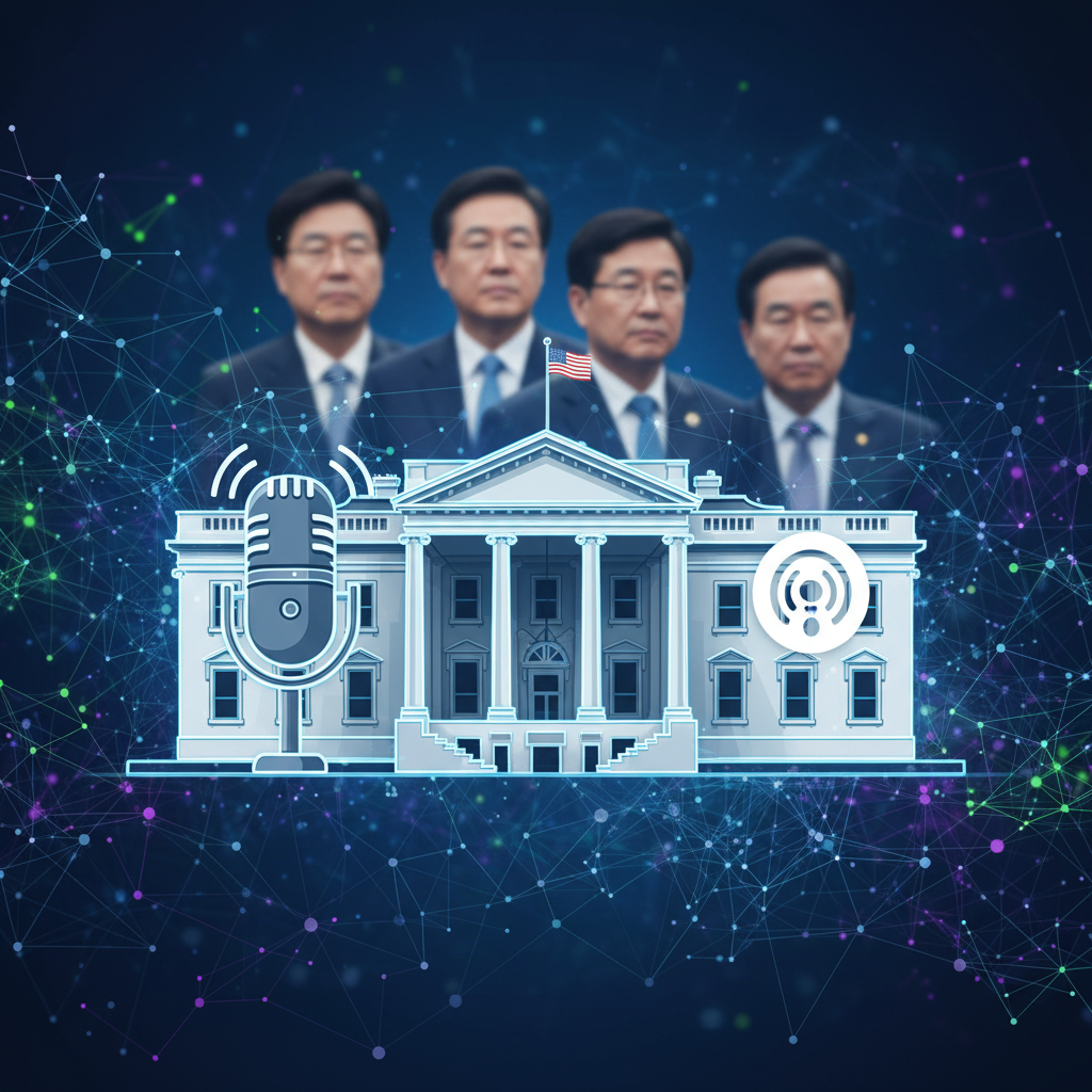 A dynamic infographic showing a stylized White House backdrop with a microphone and a podcast logo subtly integrated. Figures (Korean appearance) are blurred in the background, suggesting a summit. Focus on the interplay of media and government. Modern layout, high contrast, full frame, bright, balanced lighting, tech-themed background. No text.