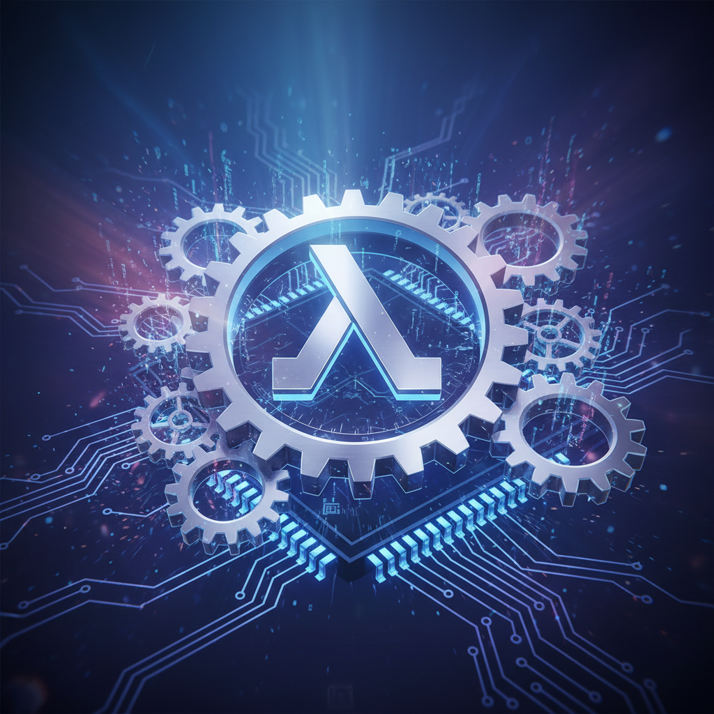 Futuristic illustration of the Valve logo alongside various gears and circuits, symbolizing ongoing development and optimization for SteamOS. Focus on technological progress and innovation in a digital environment. Gradient background, high contrast, subtle light effects. No visible text.