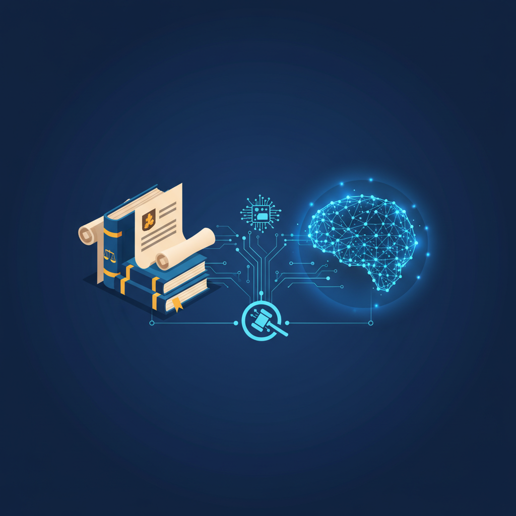A visual metaphor of legal documents and artificial intelligence technology in a balanced, harmonious composition, with a subtle glow around the AI element, clean infographic, modern layout, high contrast, deep blue background, no text, 4:3 aspect ratio