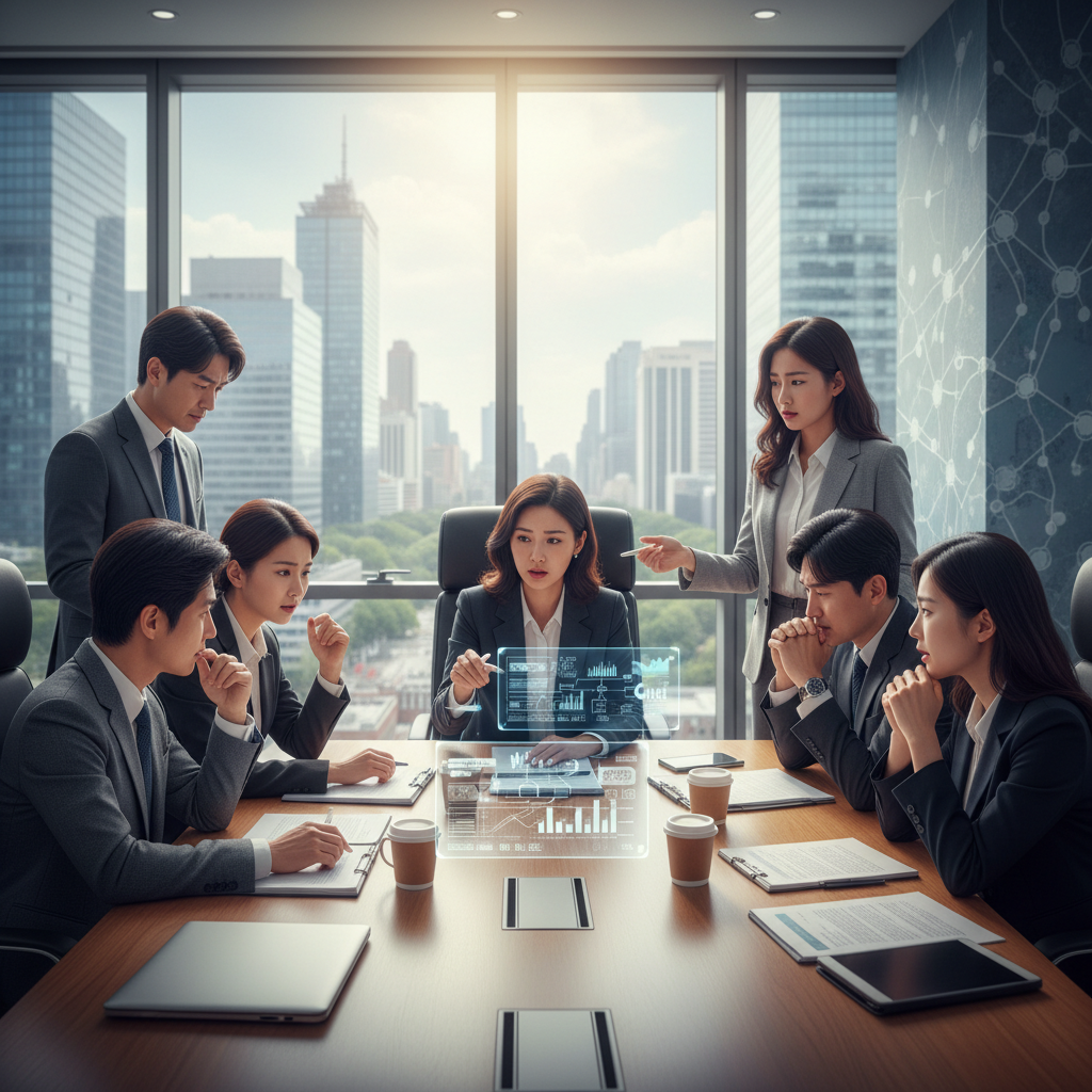 A group of Korean legal professionals in a modern office, discussing complex AI regulations, diverse expressions of concern, textured background, bright lighting, no text