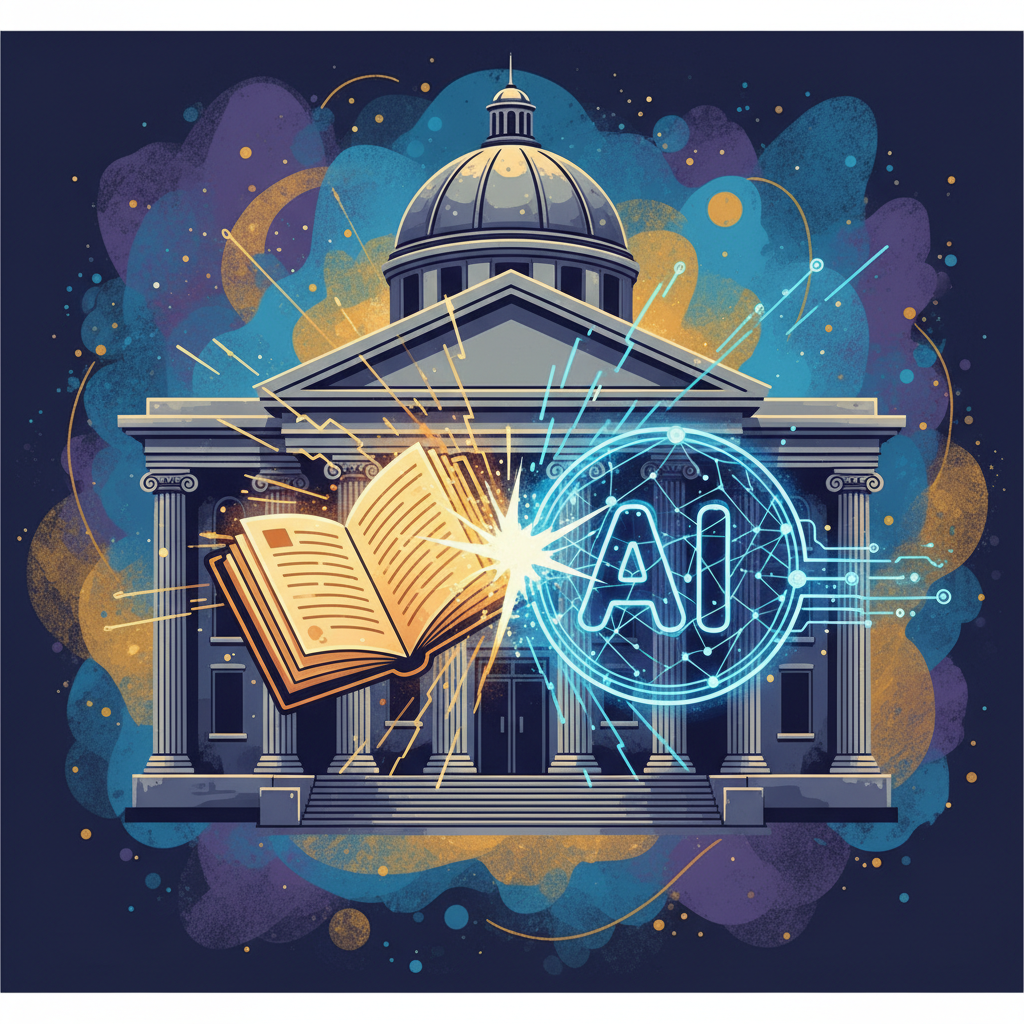 A dynamic illustration showing a classic courthouse facade with a stylized book icon clashing with a modern AI symbol, representing the ongoing legal battles over intellectual property. Artistic rendering, textured background, vibrant colors, balanced lighting, no text. Aspect Ratio: 1:1