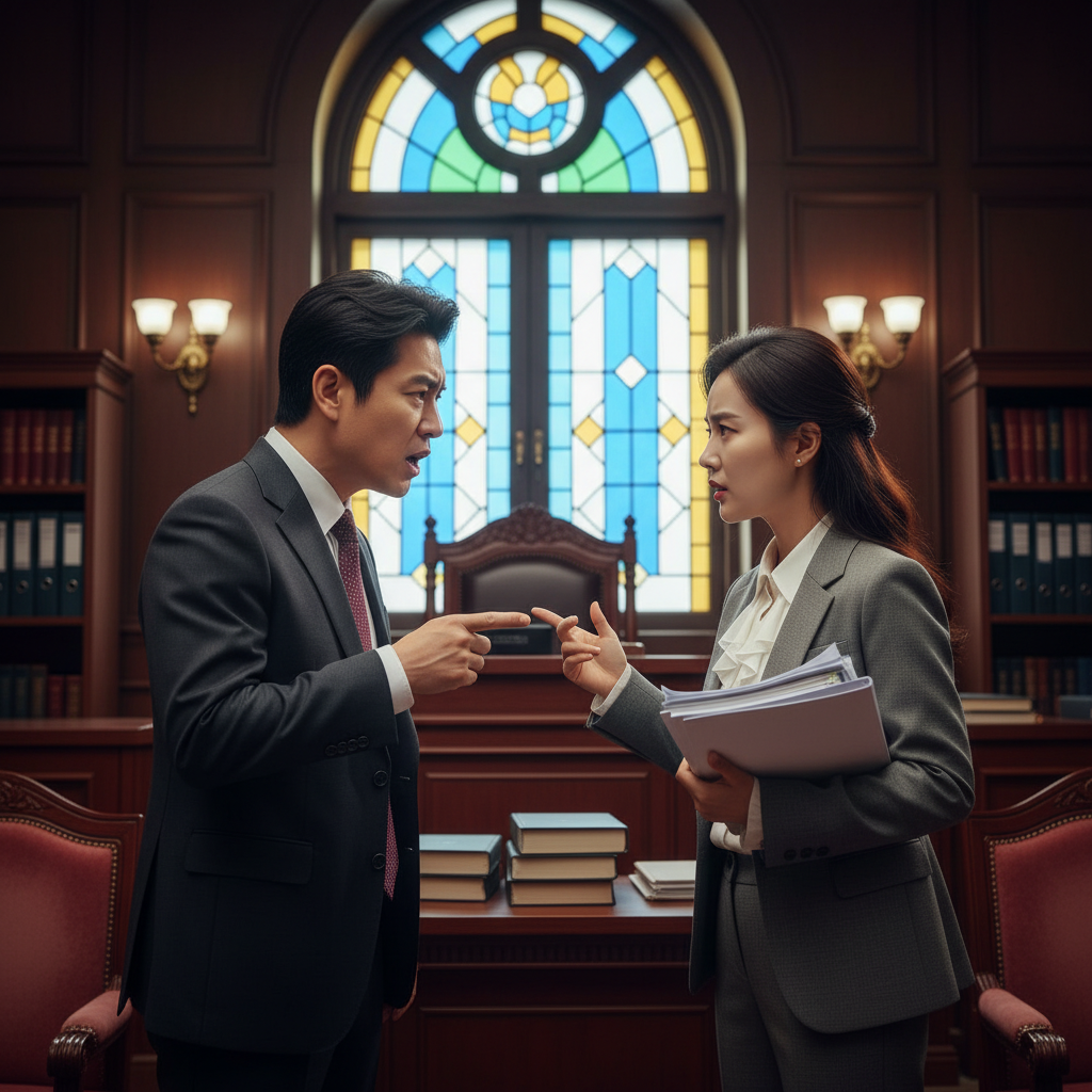 Two lawyers arguing in a courtroom setting, serious expressions, detailed composition, colored background, no text, Korean appearance