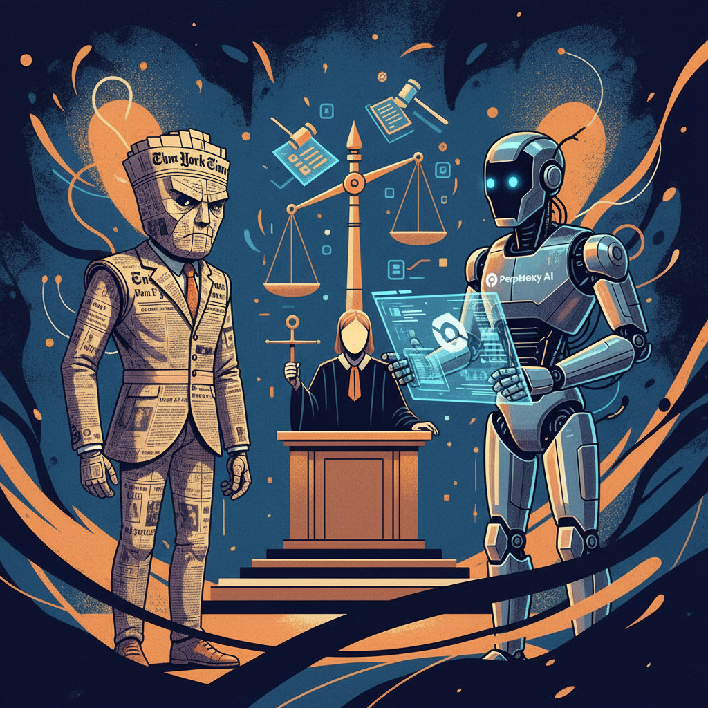 An illustrative scene depicting a legal dispute, with two distinct entities resembling a traditional newspaper (New York Times) and a futuristic AI robot (Perplexity) on opposite sides of a courtroom. Dynamic composition, rich colors, no visible text. Style: modern illustration, high contrast, textured background.