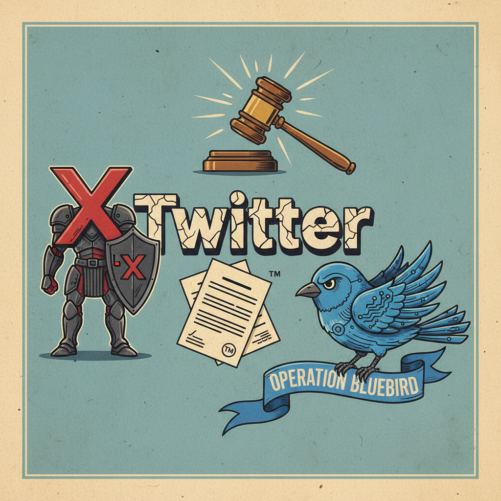 A stylized illustration depicting a legal dispute over a trademark, with two parties representing X and Operation Bluebird, a large "Twitter" wordmark prominently displayed, textured background, no text