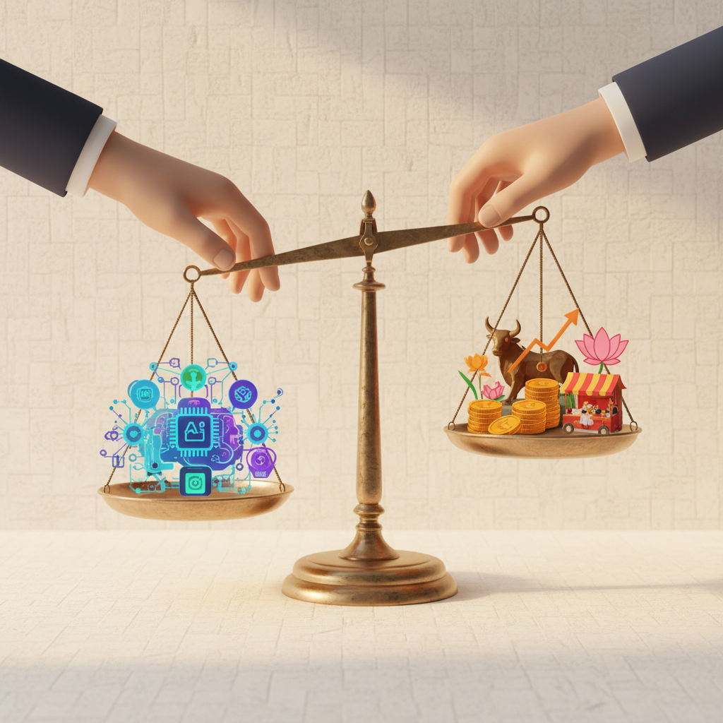 clean infographic, modern layout, high contrast, two hands balancing a scale with AI concepts on one side and Indian market symbols on the other, showing a balanced investment strategy. Warm lighting, textured background, no visible text.