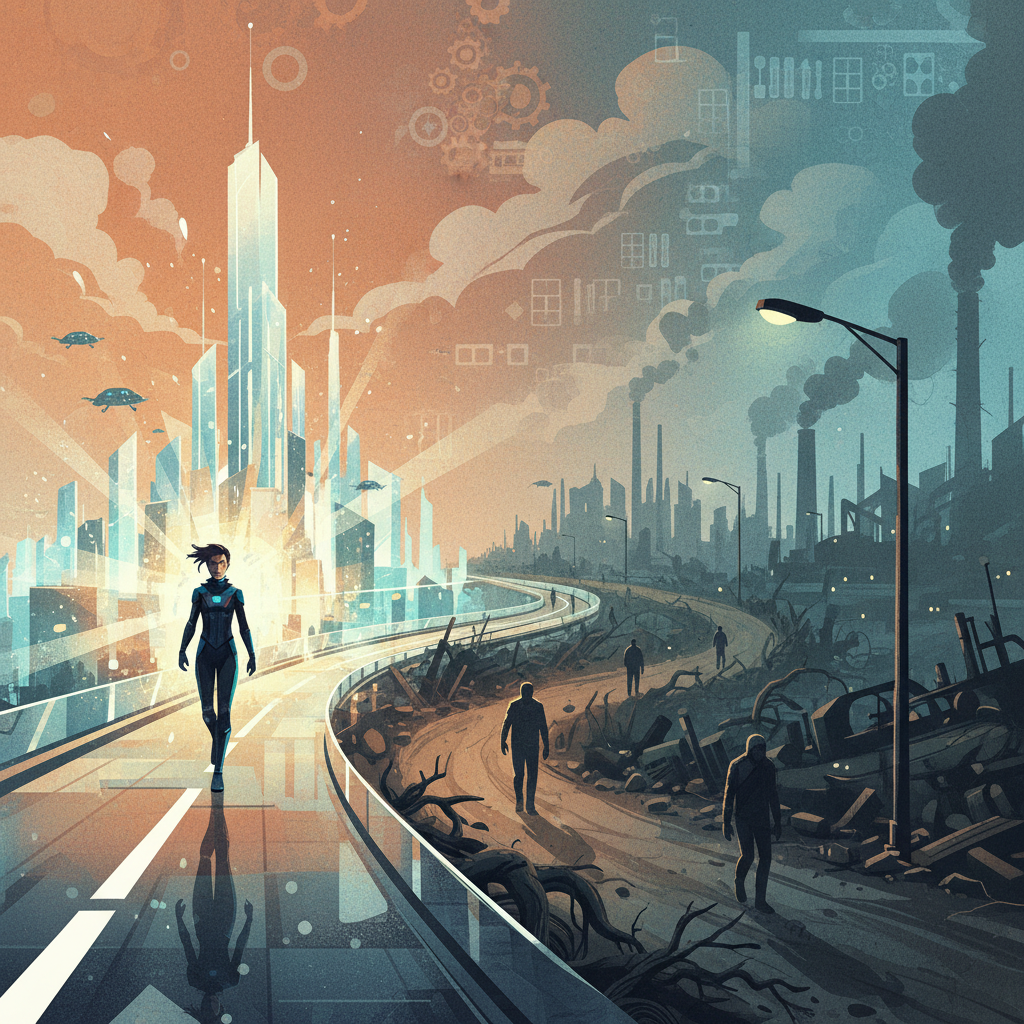 A dynamic illustration showing a path splitting into two. One path is bright and futuristic, with a figure confidently walking forward, while the other is dim and winding. Representing choice and adaptation in a changing work environment. Style: illustration, artistic rendering, textured background. No visible text in image.