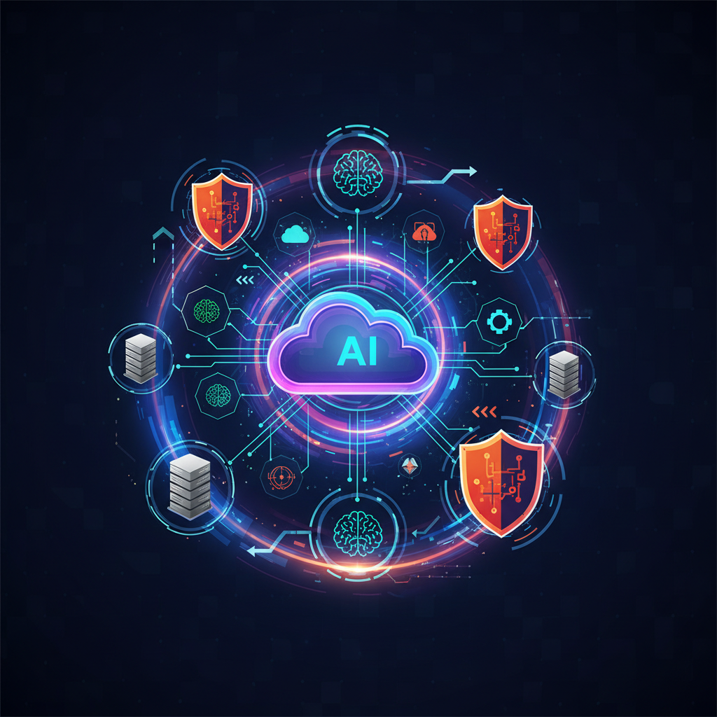 An intricate infographic representing the convergence of security and AI technologies within a cloud network. Emphasize data flow, protection, and intelligent systems with high contrast colors and a modern, clean layout on a textured background. No visible text, focus on conceptual visualization.