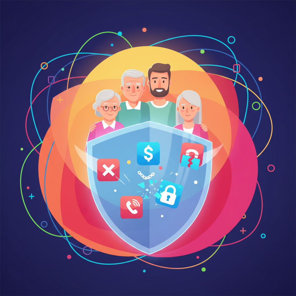 A family, including an elderly couple and younger adults, protected from digital scam calls by a transparent shield, warm lighting, vibrant colored background, clean infographic style, no text