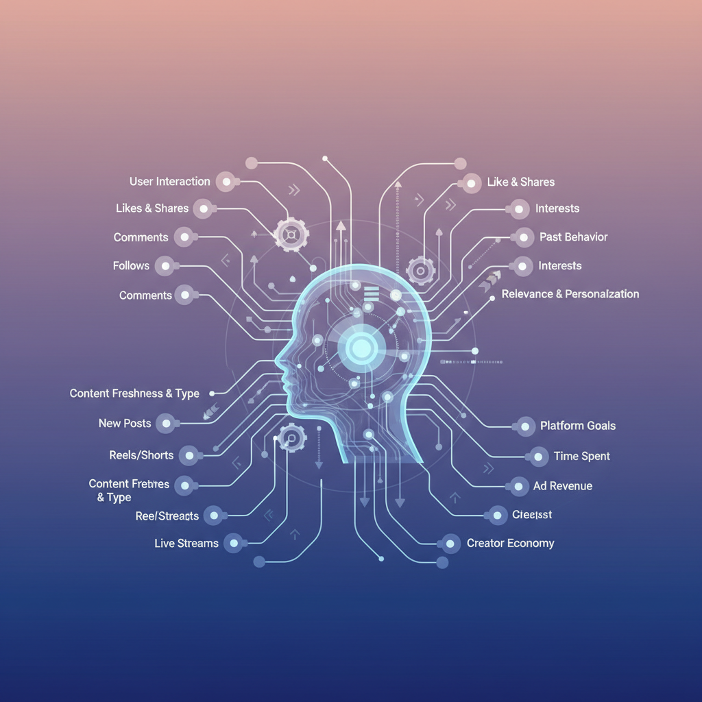 An intricate infographic illustrating various interconnected "levers" and signals influencing a social media algorithm, with a central abstract representation of a human profile, modern layout, gradient background, no text