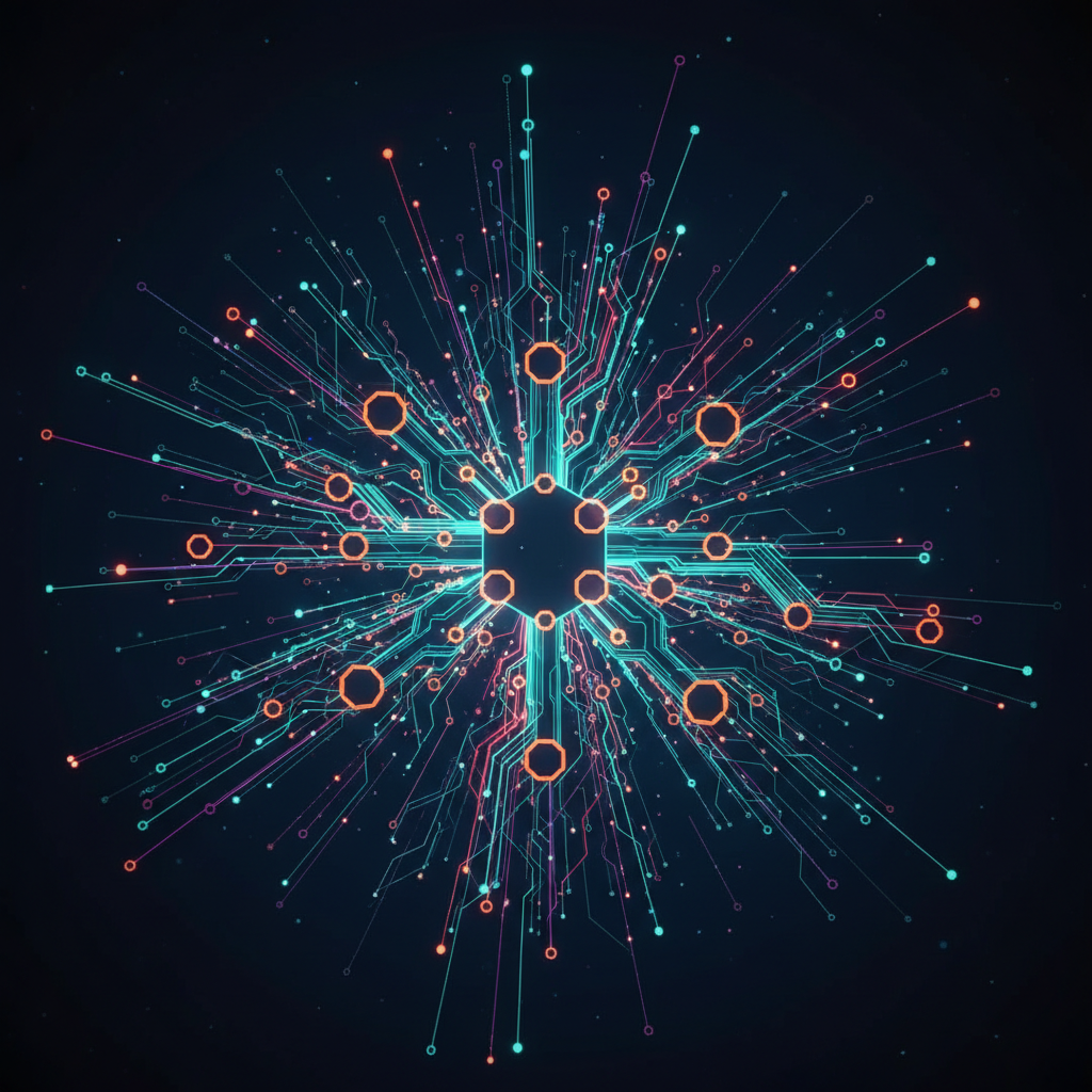 Abstract visualization of AI algorithms, showing interconnected nodes and data paths, representing older, reliable AI, high contrast, modern layout, no text
