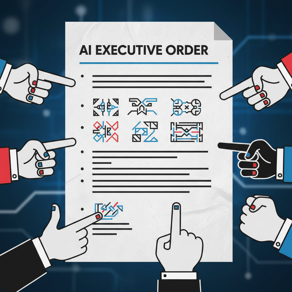 A close-up of a legal document titled 'AI Executive Order' with complex clauses, surrounded by hands indicating discussion or disagreement. Focus on the paper texture and a serious atmosphere. Style: clean infographic, modern layout, high contrast. No visible text.