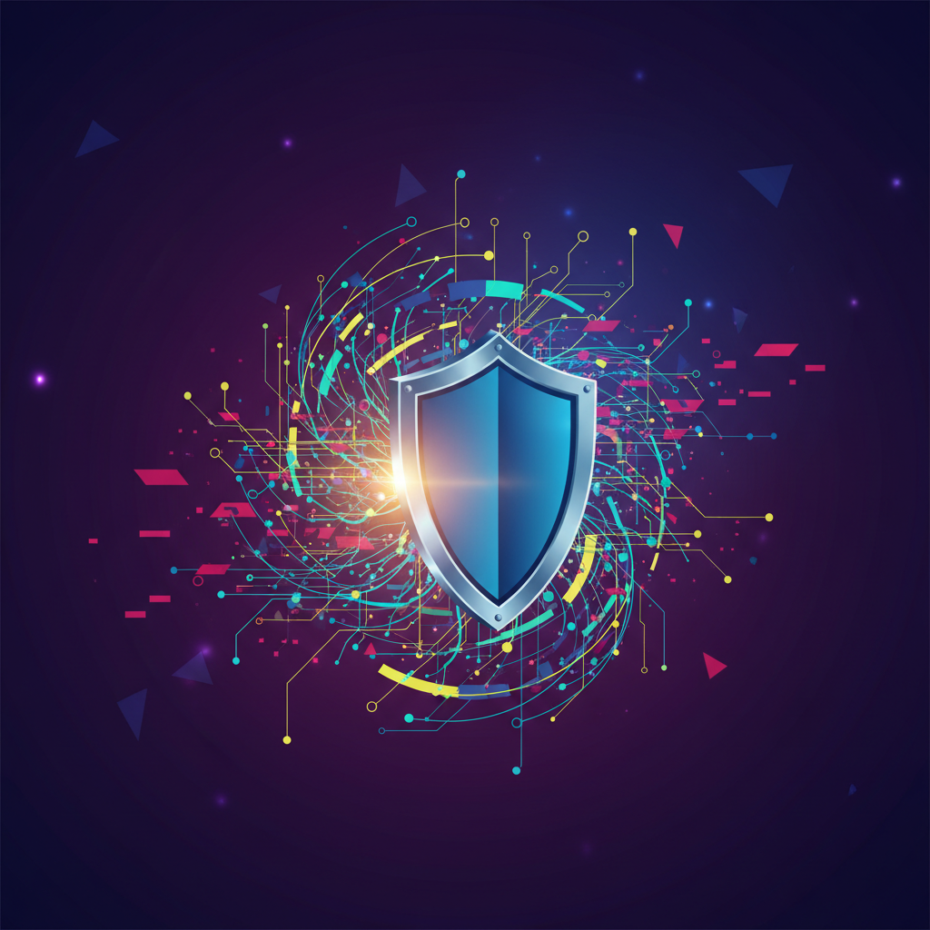 Abstract illustration of privacy data protection within a complex digital network, with a secure shield icon, modern layout, high contrast, colored background, no text
