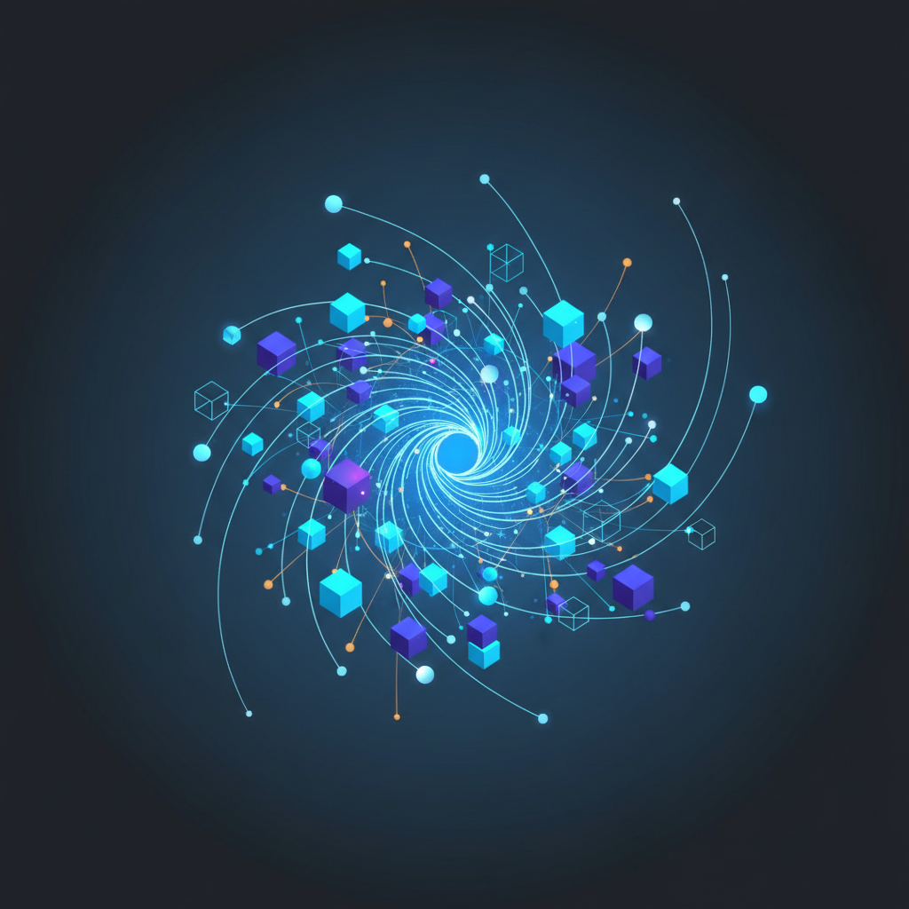 Clean infographic showing complex data flows and connections, using abstract shapes and lines on a modern, high-contrast background. Emphasizing interconnectedness and analysis. No visible text.