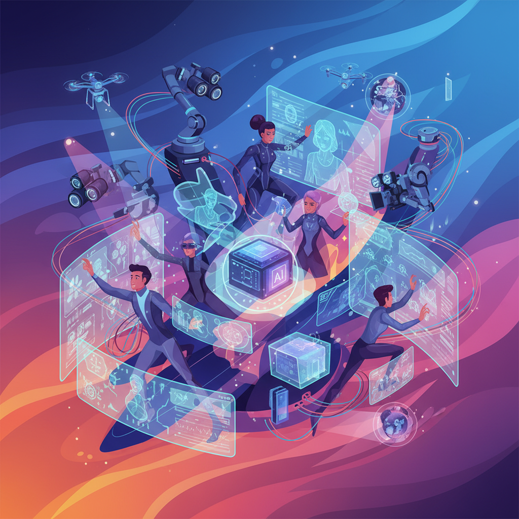 A stylized illustration depicting a complex but harmonious blend of human actors, film equipment, and futuristic AI interfaces, representing the future of the film industry, vibrant gradient background, no text, 4:3 aspect ratio