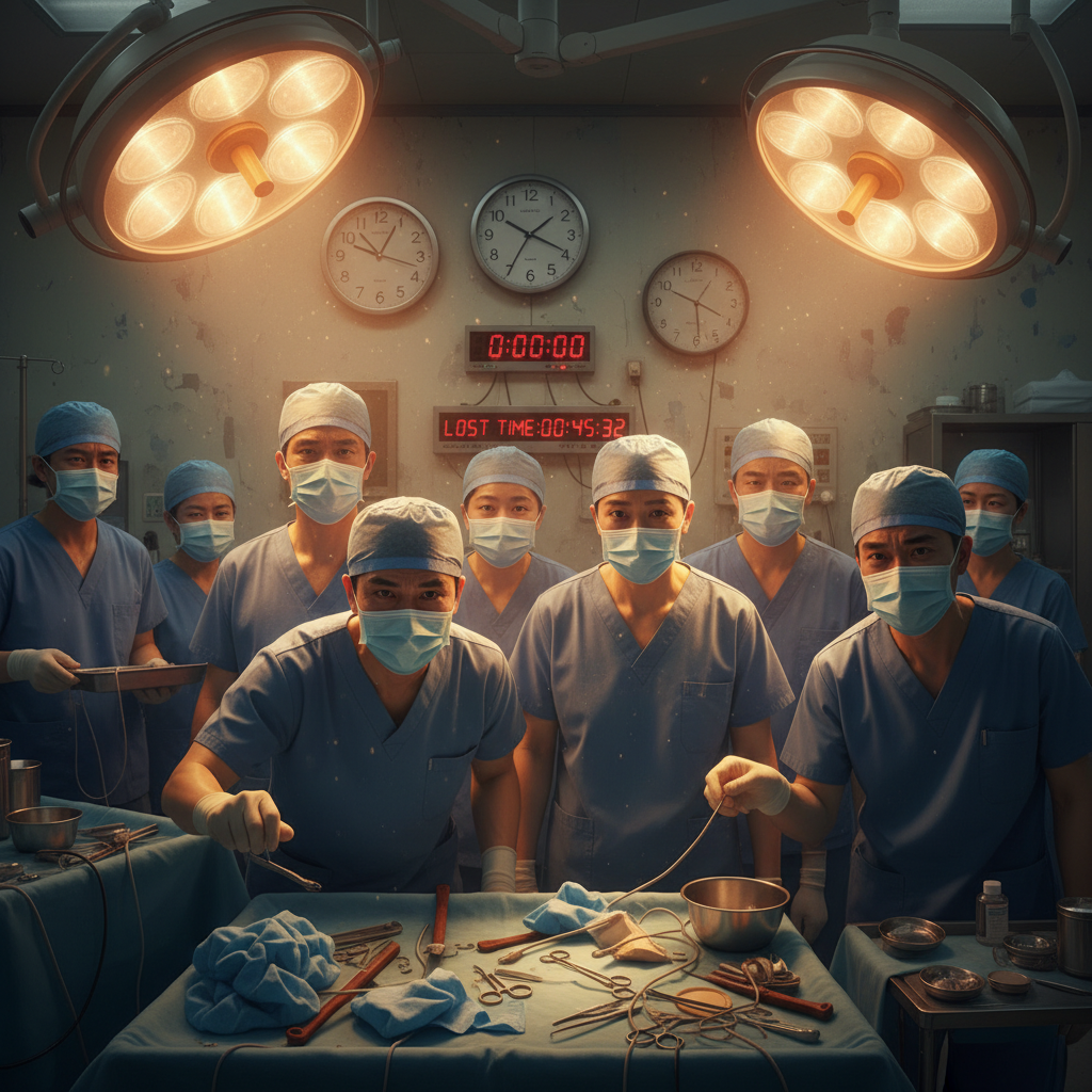 A busy and slightly chaotic operating room with medical staff looking stressed, indicating lost time and inefficiency, warm lighting, textured background, Korean appearance doctors, no text, 4:3 aspect ratio