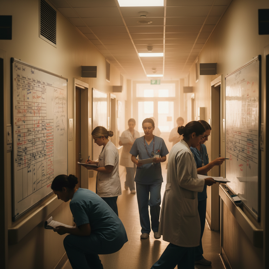 Busy hospital corridor with nurses and doctors looking stressed, traditional whiteboards for scheduling, chaotic but warm lighting, lifestyle photography, natural setting, no text, 4:3 aspect ratio