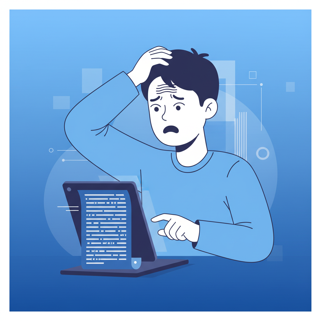 A Korean person looking confused and frustrated while trying to read a long, dense privacy policy document on a screen, clean infographic, modern layout, high contrast, gradient blue background, no text, 1:1 aspect ratio