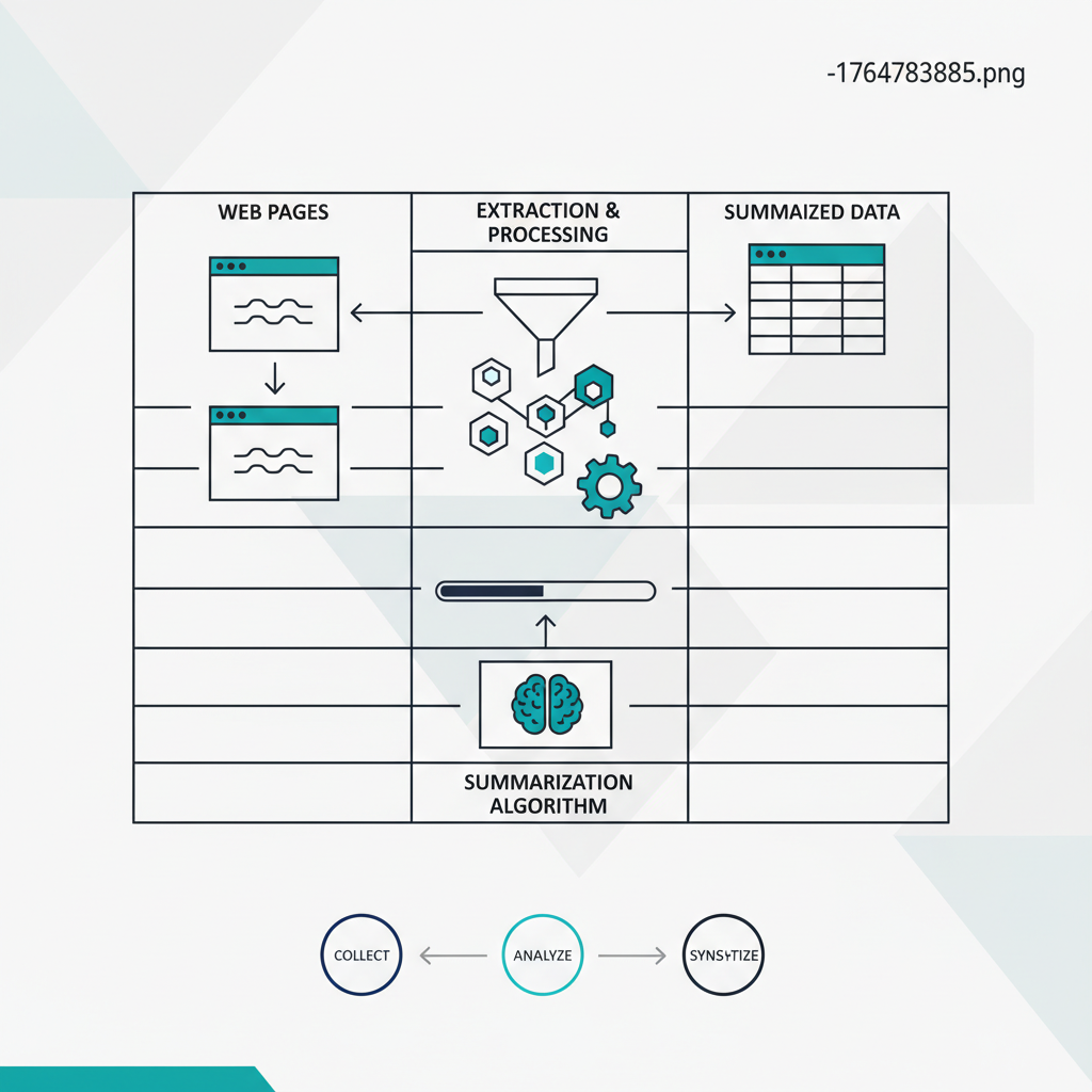 A clean infographic illustrating the process of data extraction and summarization from multiple web pages, presented in an organized table format. Emphasize clarity and efficiency. Style: clean infographic, modern layout, high contrast. Background: soft geometric pattern in light gray and teal. No text.