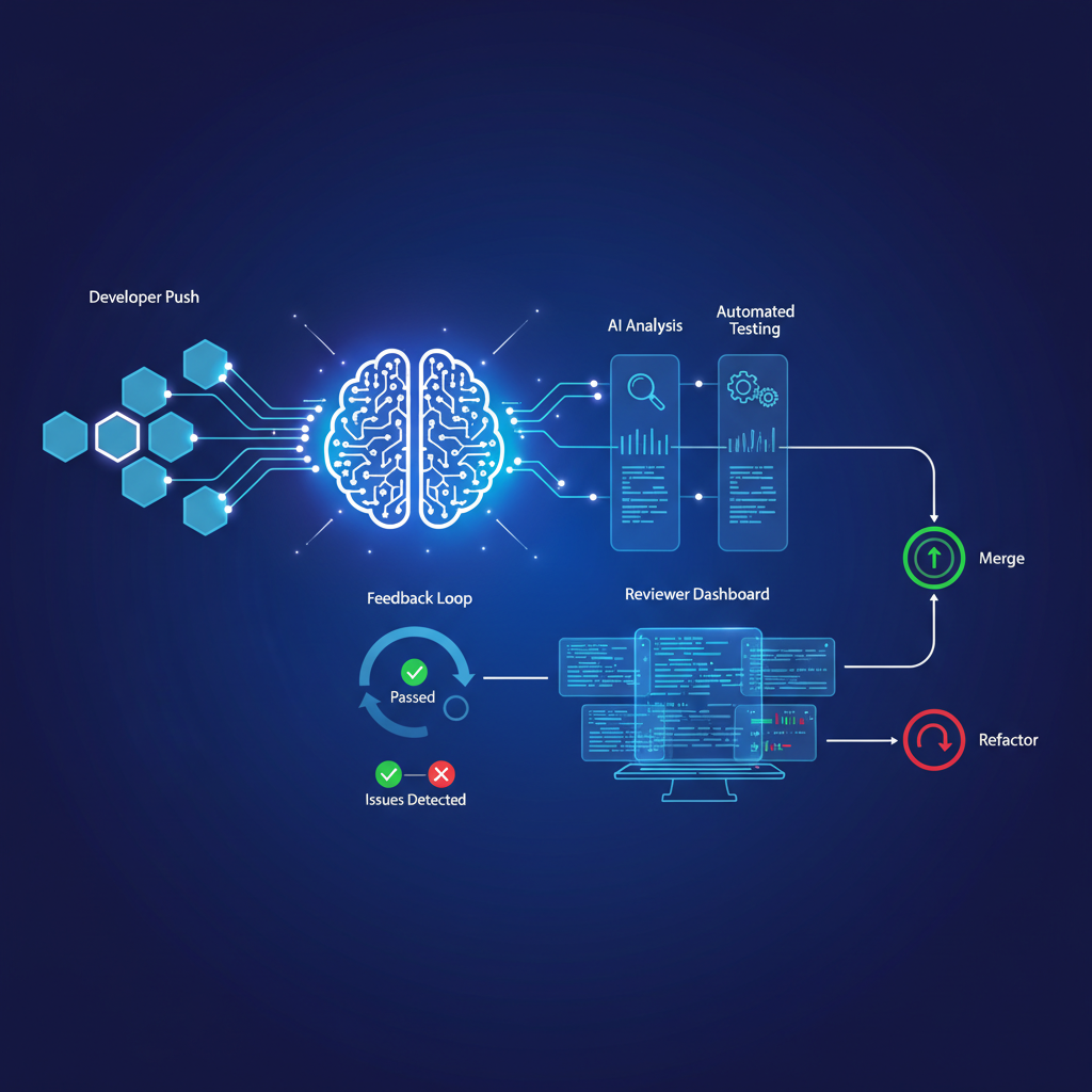 A complex code review process visualized with AI's efficient workflow, clean infographic style, modern layout, high contrast, colored background, no text