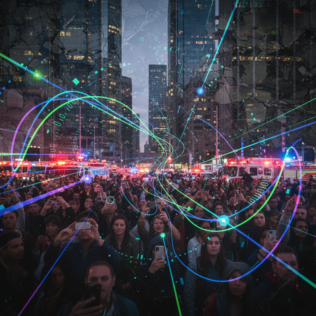 A complex scene depicting a city event with emergency lights in the background, overlaid with subtle, swirling visual representations of digital misinformation spreading, clean infographic style, high contrast, textured background, no text.