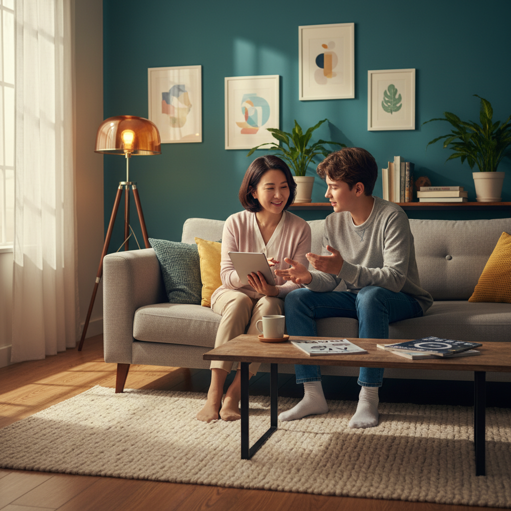 A Korean parent and their teenager having a friendly and open conversation about technology and AI use in a cozy living room setting. Warm lighting, natural setting, lifestyle photography, colored background, no text, 4:3 aspect ratio