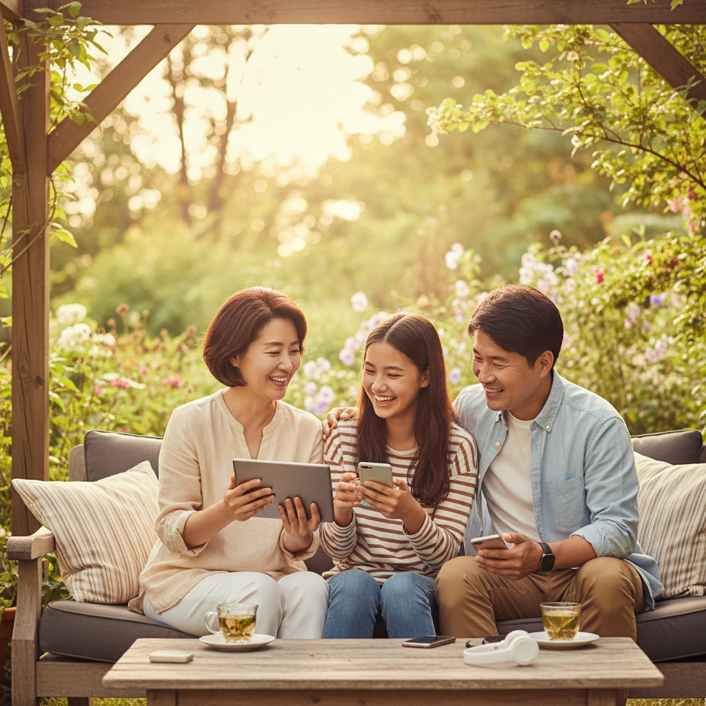 A family, parents and a teenager, having a positive conversation about technology, creating an open and supportive atmosphere, lifestyle photography, warm lighting, natural setting, Korean appearance, 4:3 aspect ratio, no text