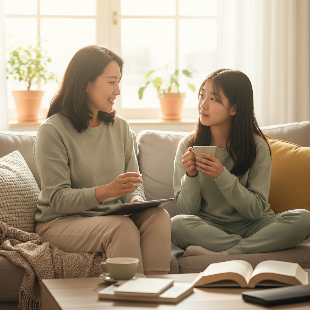 A Korean parent and teenager having a calm discussion about AI chatbot use, warm home setting, lifestyle photography, natural expressions, no text