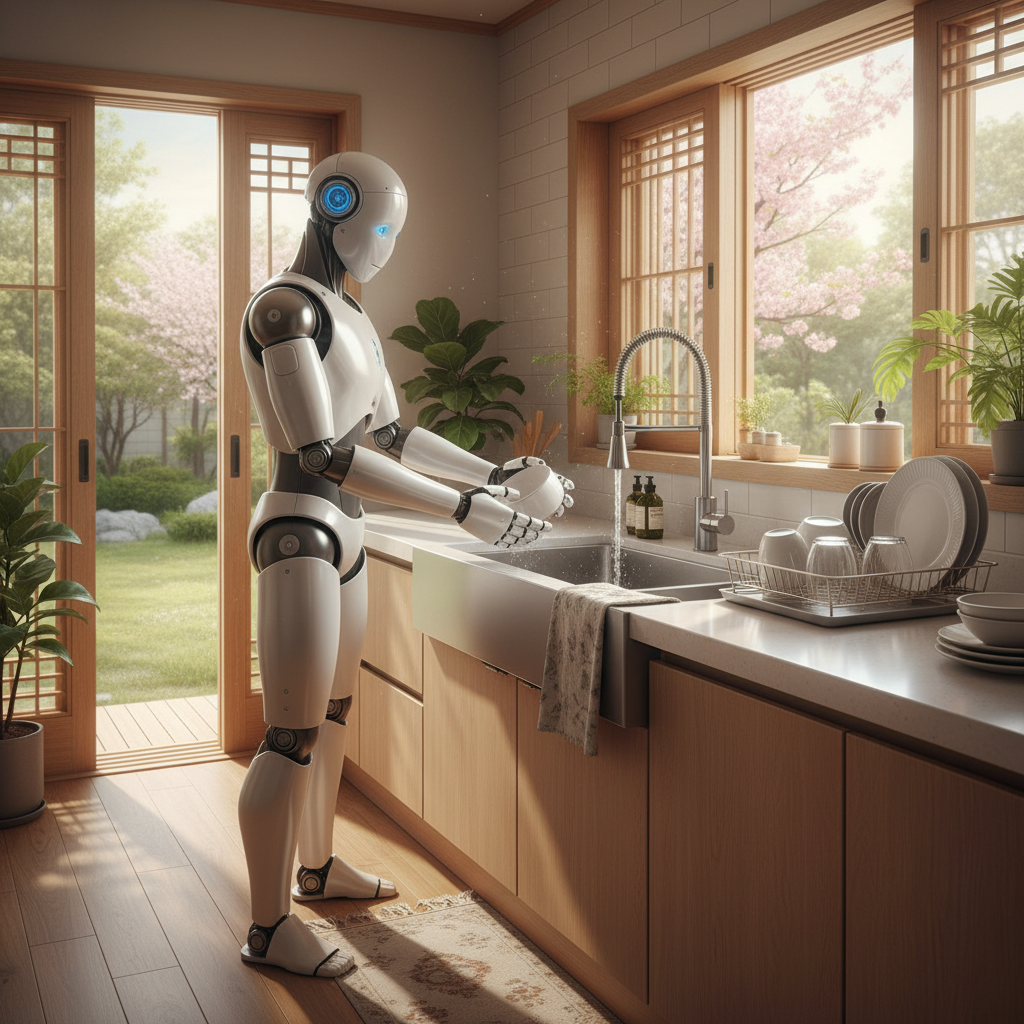 A humanoid robot doing dishes in a modern kitchen, warm lighting, natural Korean home setting, lifestyle photography, no text, 4:3
