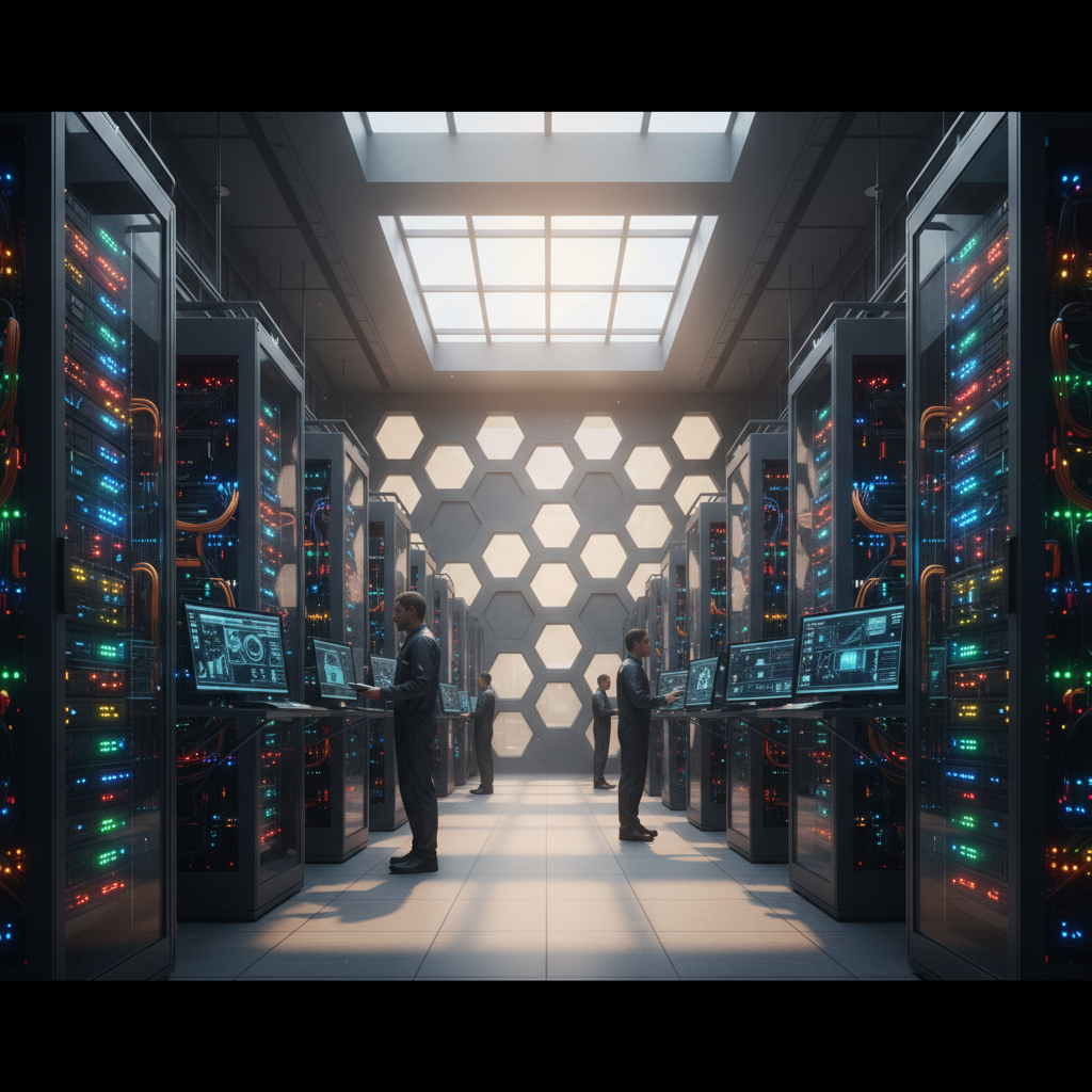A bustling interior of a high-tech data center, server racks, glowing lights, textured background, natural lighting, no text