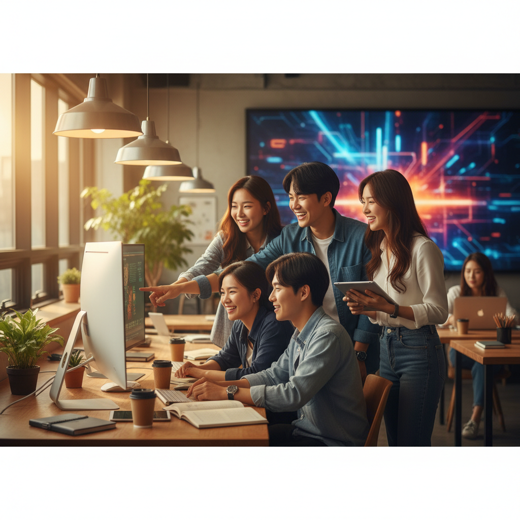 Lifestyle photography of a dynamic startup office environment, people collaborating around computers, warm lighting, vibrant background, Korean appearance, no visible text, 4:3 aspect ratio