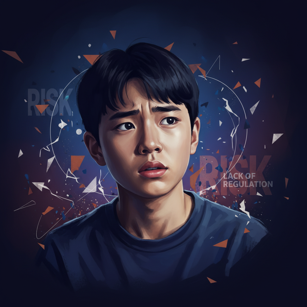 A thoughtful Korean teenager looking concerned, with abstract graphic elements like 'risk' and 'lack of regulation' subtly integrated into the background, artistic rendering style, dark gradient background, no text
