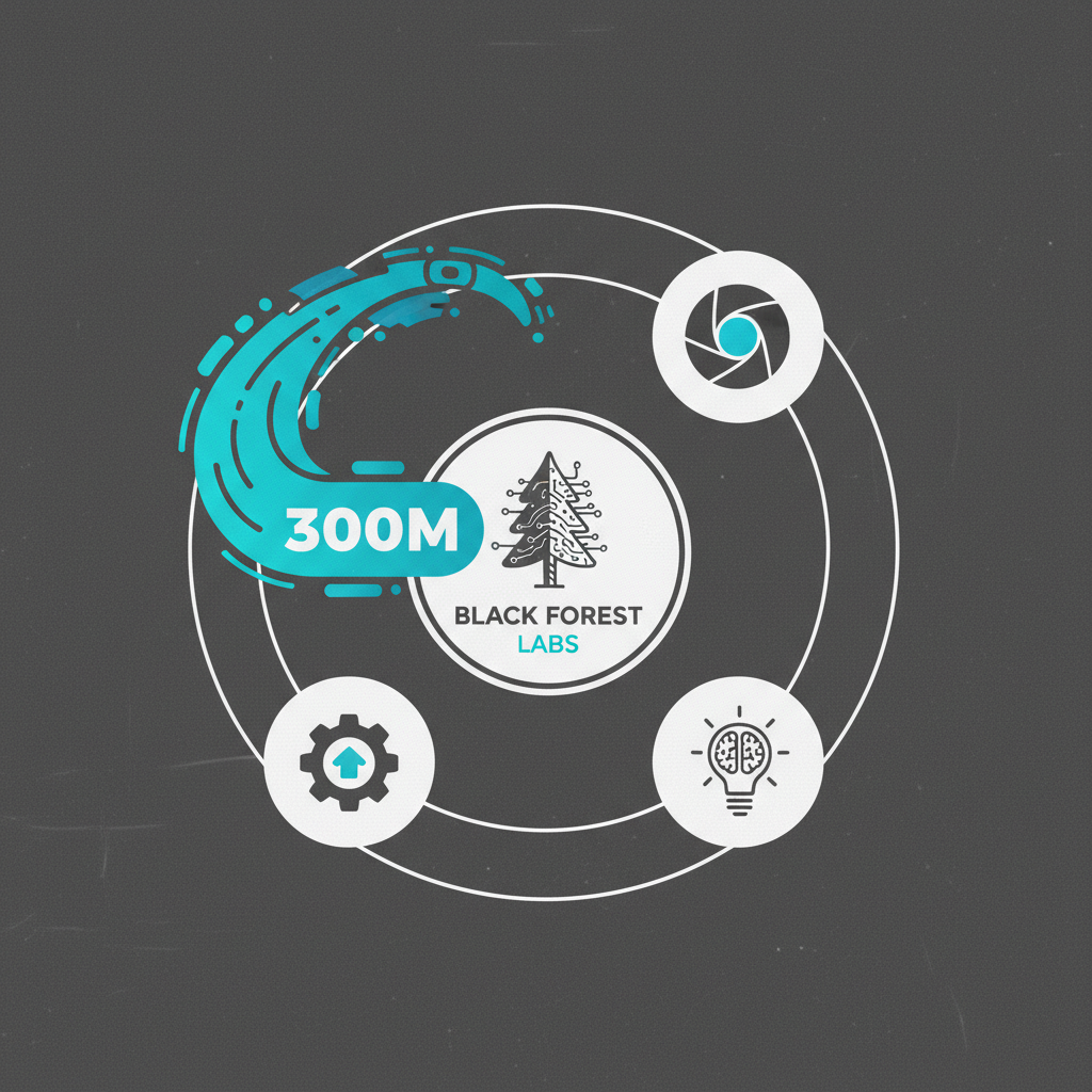 Clean infographic showing a German startup logo (representing Black Forest Labs) with a large "300M" investment fund flowing into it, surrounded by icons of AI image generation, creativity, and innovation. Modern layout, high contrast, textured background. No visible text in image.