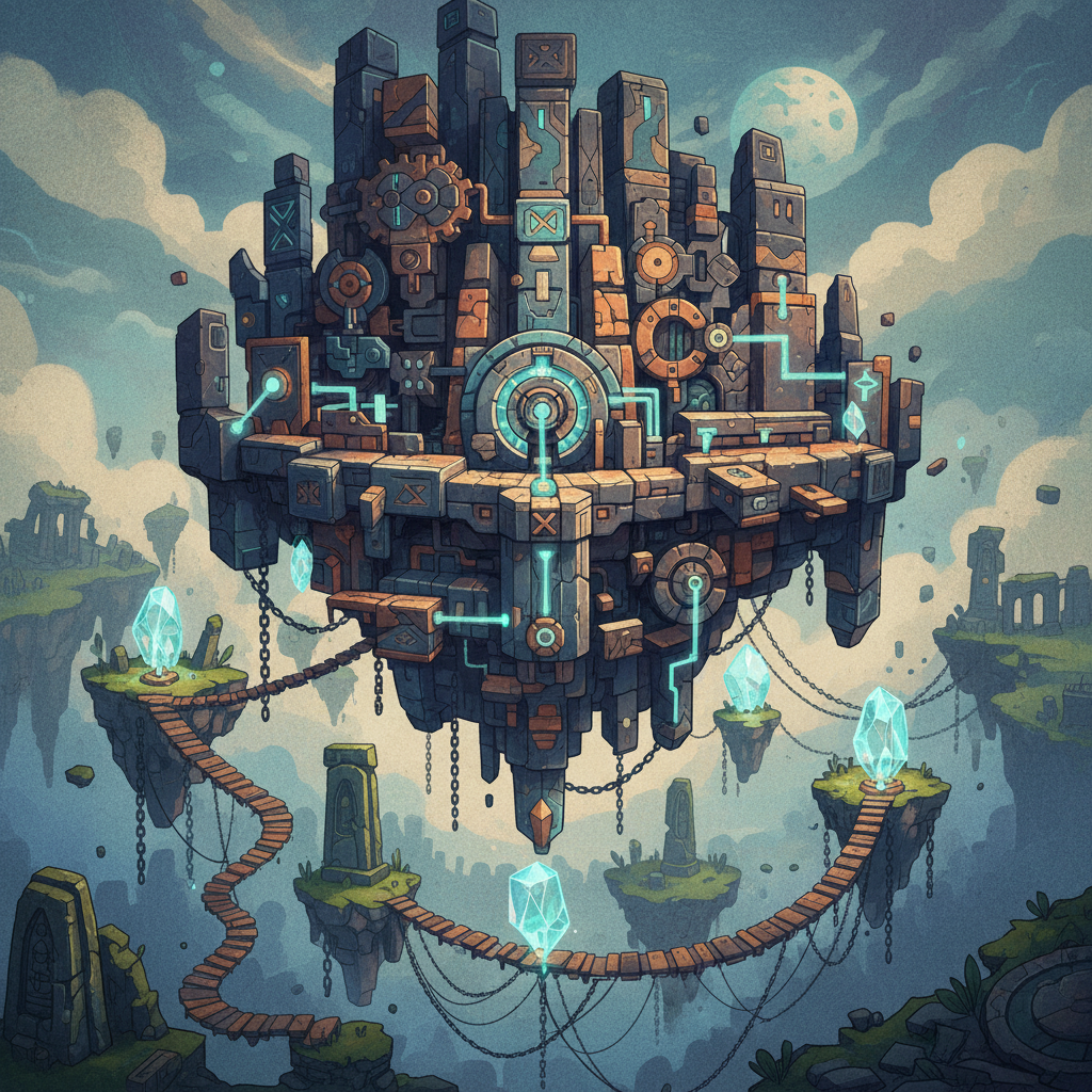 Stylized game scene from Blue Prince, showing intricate puzzle elements and unique architectural designs, illustration, artistic rendering, textured background, no text, 4:3 aspect ratio