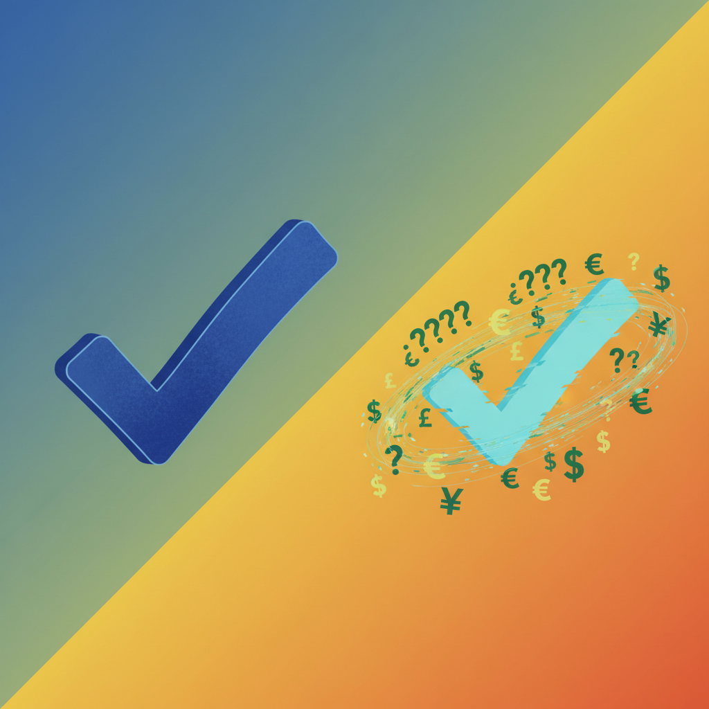 Infographic concept contrasting an old, authentic blue checkmark symbol with a new, deceptive-looking blue checkmark symbol surrounded by question marks and currency signs, symbolizing verification issues. Modern layout, high contrast. No text. Gradient background.