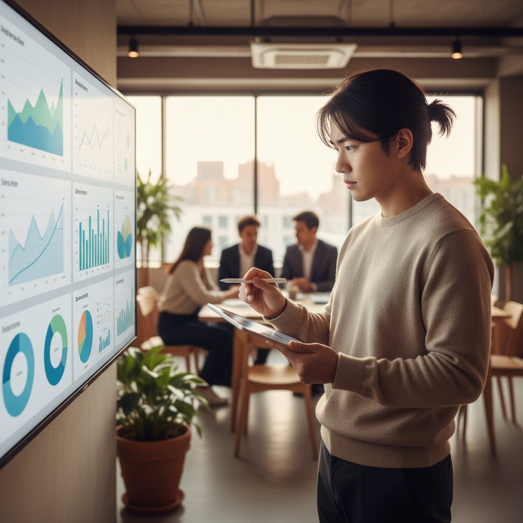 A Korean person analyzing a complex, clean business dashboard with various graphs and metrics on a screen. The person looks focused, with a tablet or pen in hand. The background is a modern office, showing collaboration but no visible text. Style: lifestyle photography, warm lighting, natural setting. No text.
