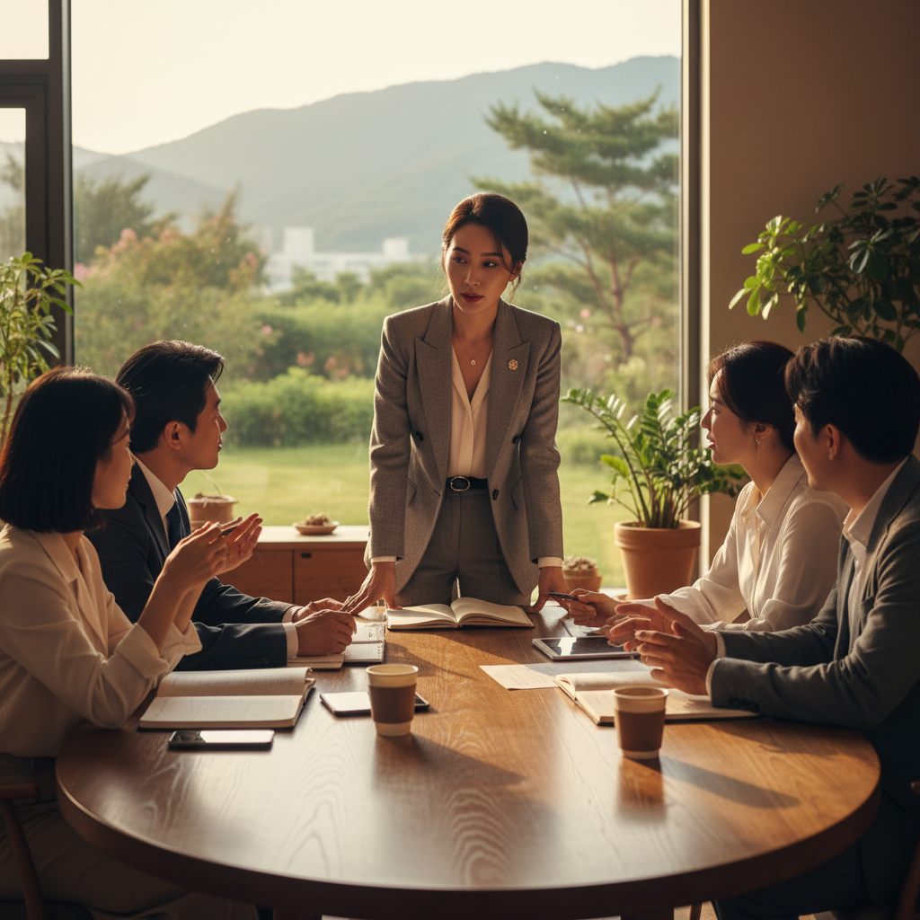 A professional business meeting scene with Denise Dresser, focused and collaborative atmosphere, lifestyle photography, warm lighting, natural setting, Korean appearance, no text