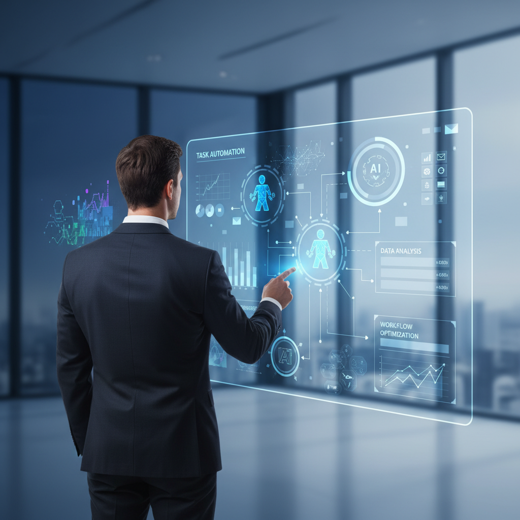 An infographic depicting a business executive observing various automated tasks being handled by AI agents in a clean office environment. Elements like charts, data streams, and productive workflows are subtly integrated. The background features a soft, professional gradient. No visible text, balanced lighting.